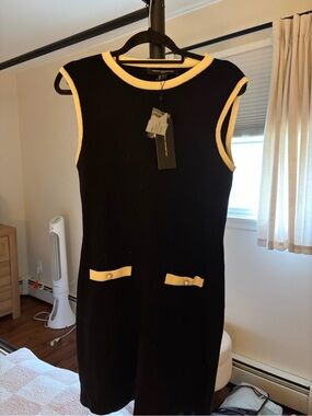French Connection Black Mini Dress with Cream Trim